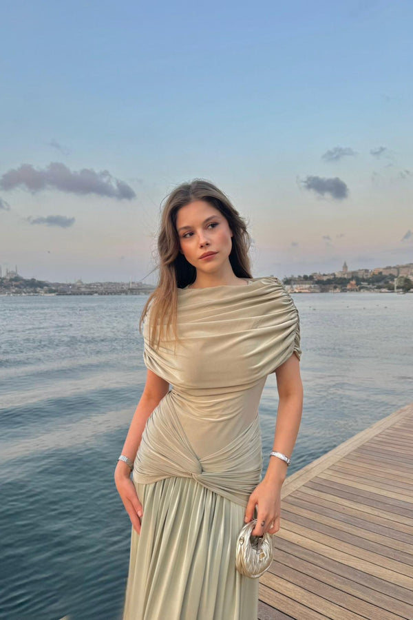 Olive Draped Dress - Ecem Turan