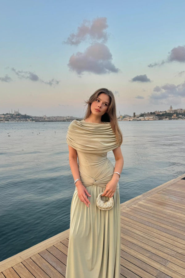 Olive Draped Dress - Ecem Turan